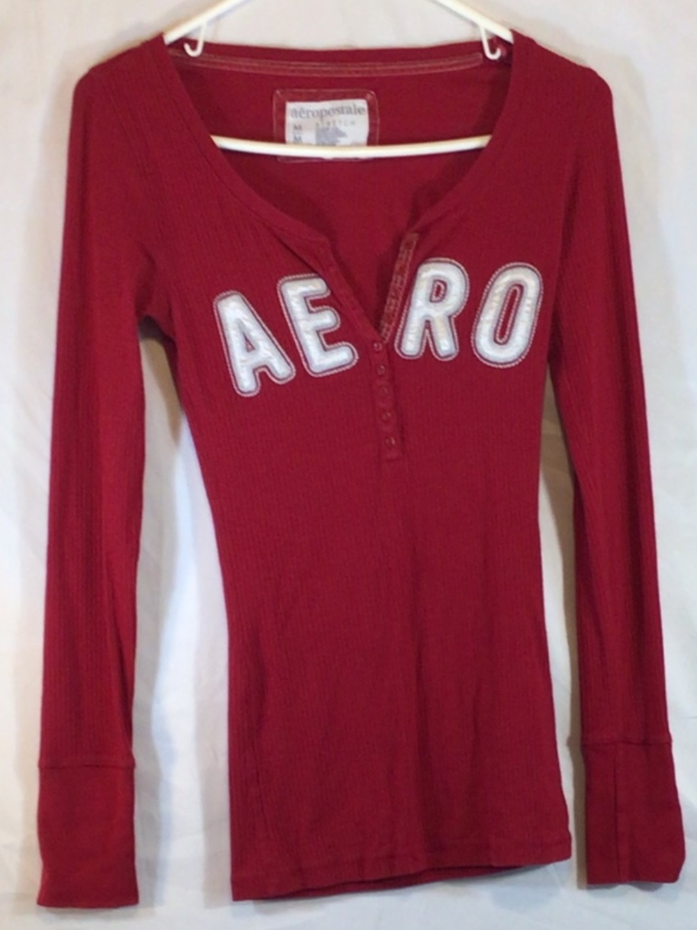 Aeropostale AERO Ribbed Henley Top M Red Fitted long Sleeve Y2K McBling Preppy